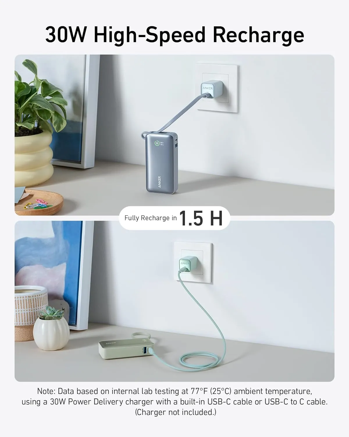ANKER Nano Power Bank, 10,000mAh Portable Charger with Built-in USB-C Cable, 30W Recharging, 30W Max Output with USB-C&A, for iPhone 16/15 Series, MacBook, Galaxy, AirPods, and More