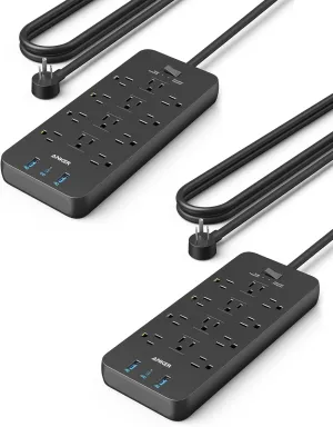Anker (Pack of 2) Surge Protector Power Strip (2100J), 12 Outlets with 1 USB C and 2 USB Ports for iPhone 15/15 Plus/15 Pro/15 Pro Max, 5feet Extension Cord, Flat Plug, 20W for Home,Office,TUV Listed