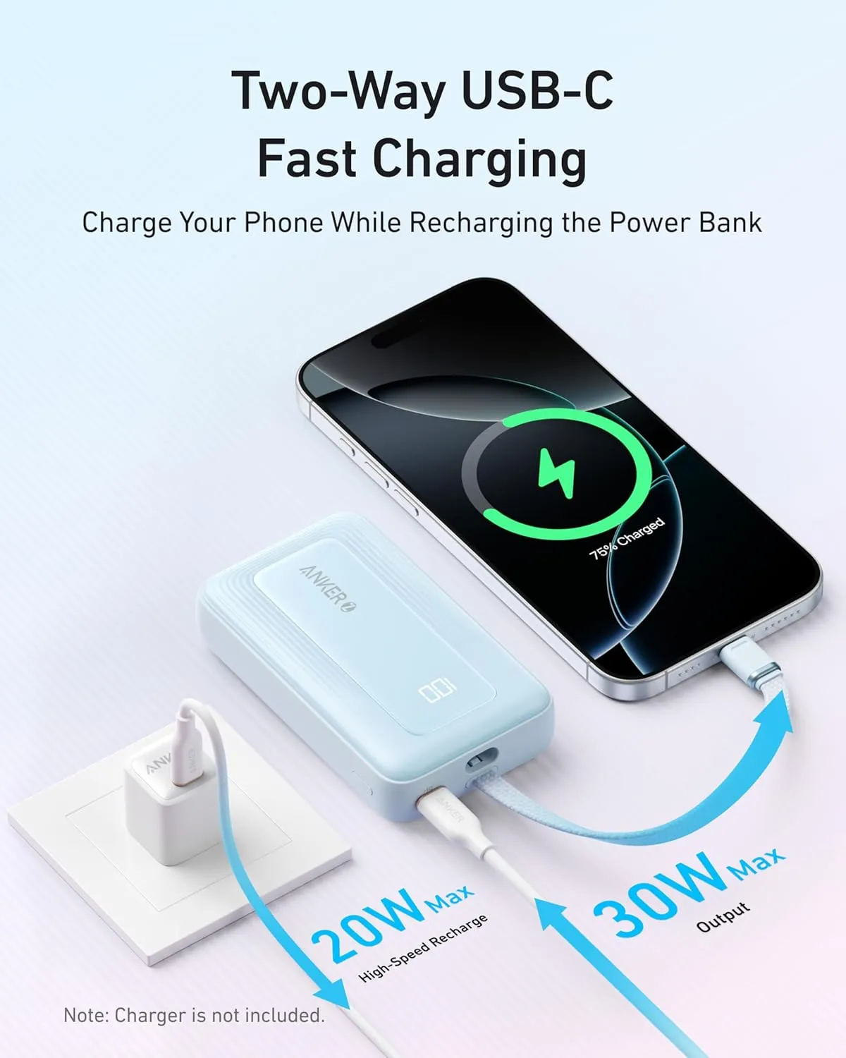 ANKER Portable Charger, 10,000mAh 30W Power Bank, USB-C in and Out Fast Charging Battery Pack, Travel Essential Phone Power Bank, for iPhone 16/15, iPad, MacBook, Galaxy, Google, and More