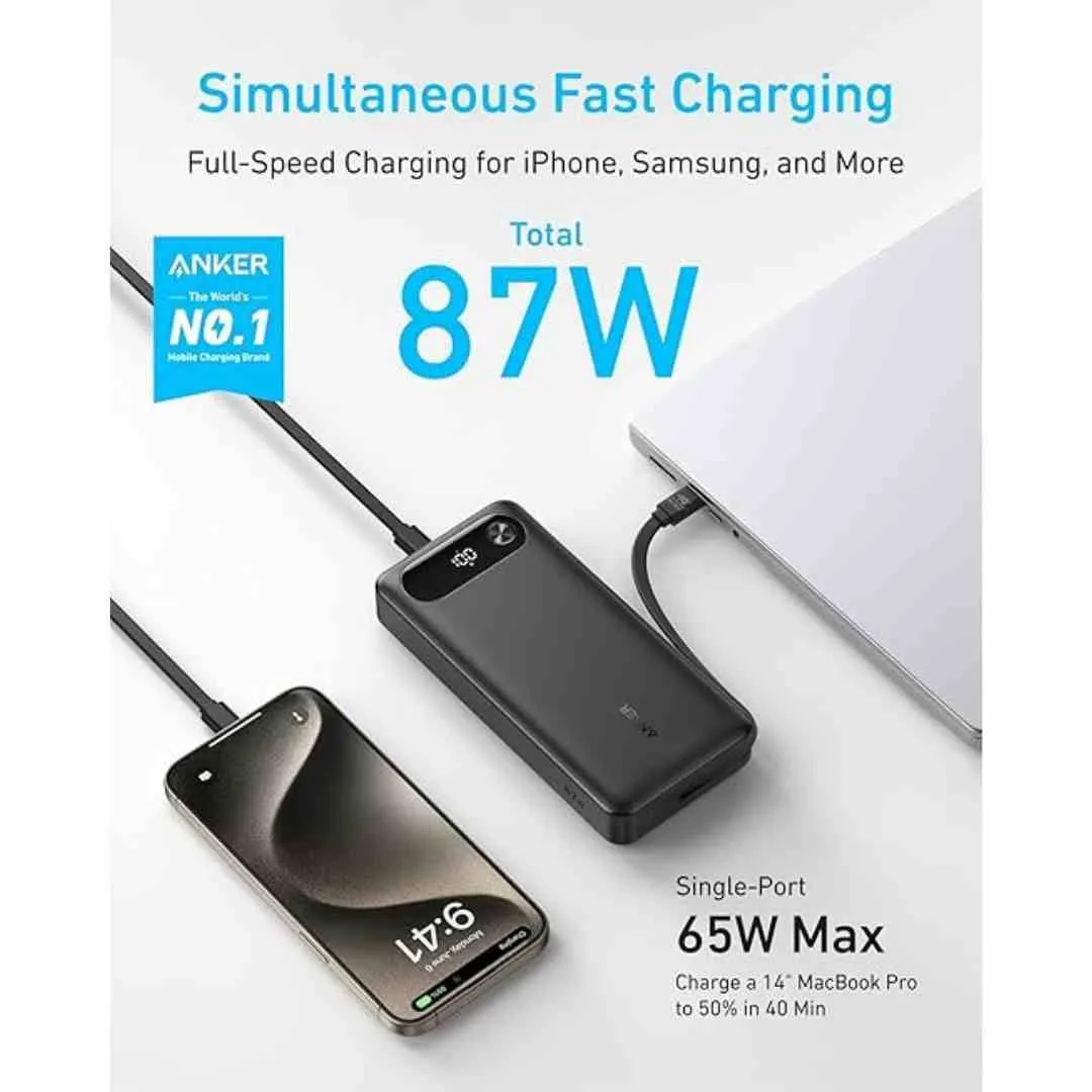 Anker Power Bank, 20,000mAh with Built-in USB-C Cable Black