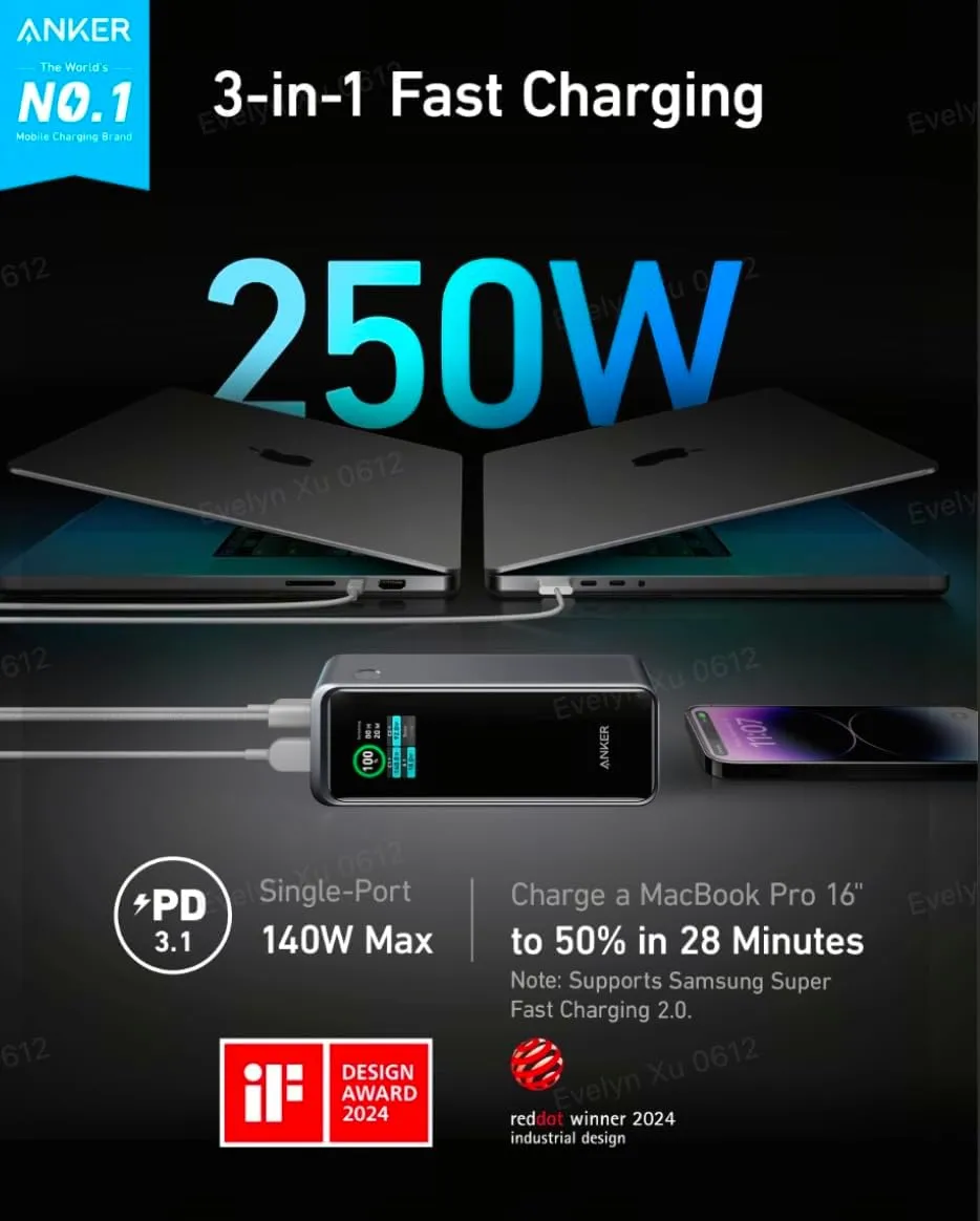 Anker Prime Power Bank, 27,650mAh 3-Port 250W Portable Charger for Travel, TSA-Approved, Smart App, for MacBook Pro/Air, iPhone 16/15/14 Series, Samsung, Laptops, and More (Charging Base Not Included)