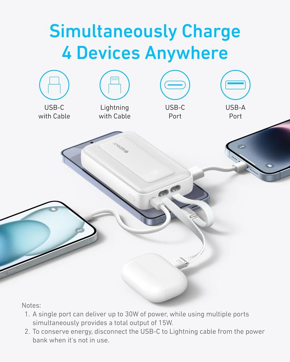 Anker Zolo Power Bank, 10,000mAh 30W Max Fast Portable Charger with Built-in USB-C and MFi Certified Lightning Cables, USB-C&A, Battery Pack for iPhone 16/15 Series, MacBook, Galaxy (Black)