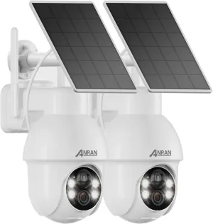 ANRAN 2K Solar Security Camera Wireless Outdoor, 2 Pack WiFi Camera Battery-Powered with 360° PTZ for Home Security, PIR Motion Detection, 3MP Color Night Vision, Two-Way Audio, Compatible with Alexa