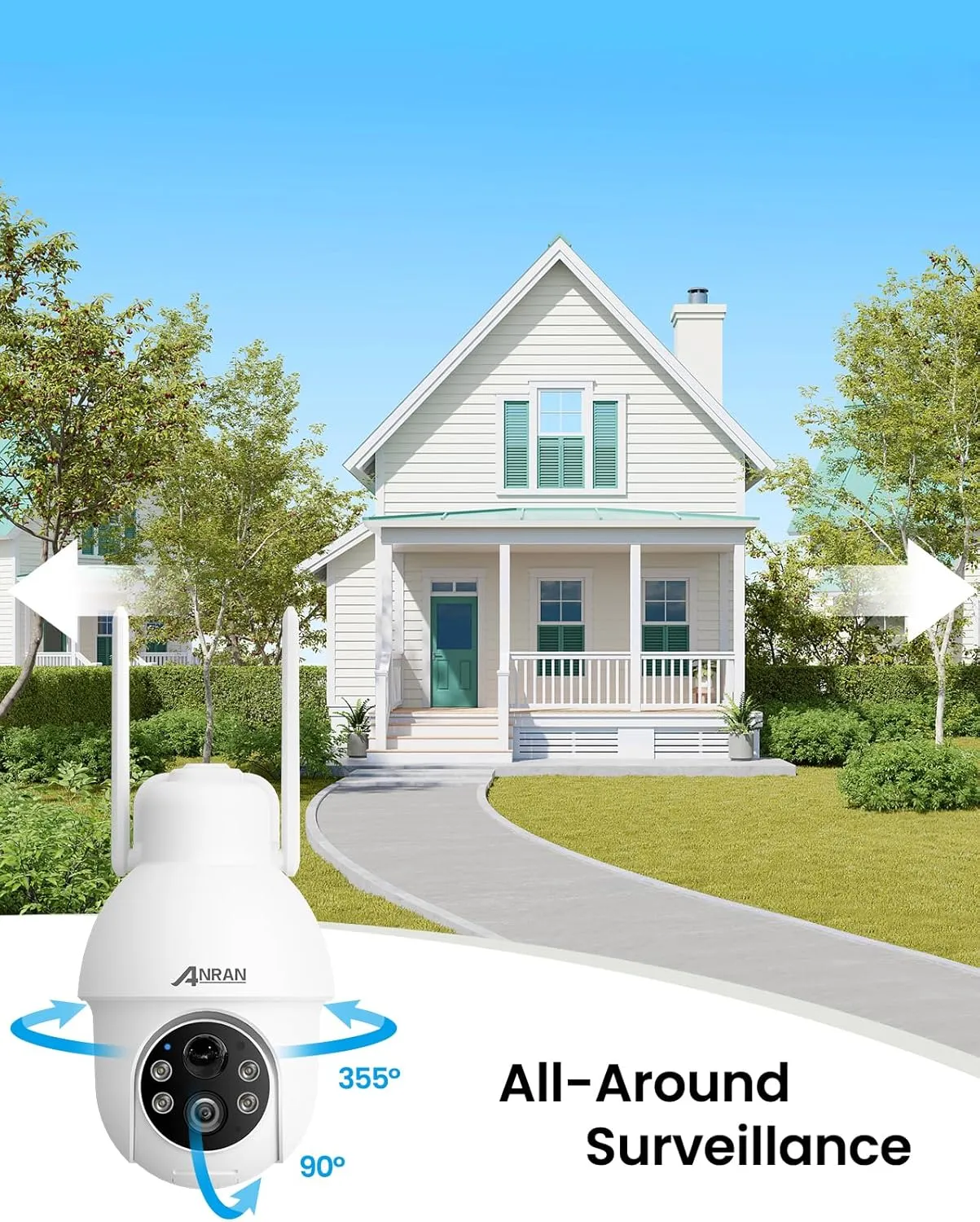 ANRAN 2K Solar Security Camera Wireless Outdoor, 2 Pack WiFi Camera Battery-Powered with 360° PTZ for Home Security, PIR Motion Detection, 3MP Color Night Vision, Two-Way Audio, Compatible with Alexa
