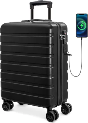 AnyZip Carry On Luggage 21" Hardside PC ABS Lightweight USB Suitcase with Wheels TSA Lock for kids Black