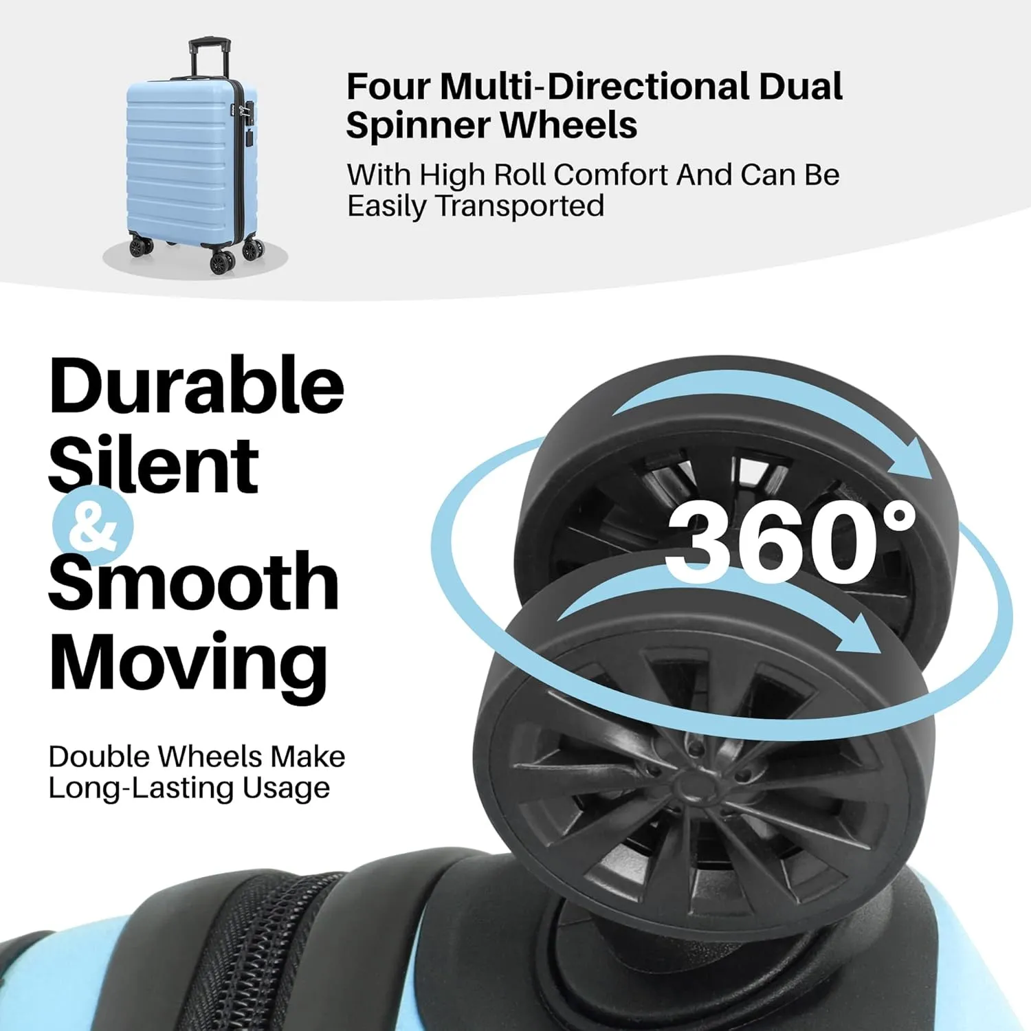 AnyZip Carry On Luggage 21" Hardside PC ABS Lightweight USB Suitcase with Wheels TSA Lock for kids Light Blue