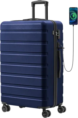 AnyZip Suitcase Hardside PC ABS Lightweight USB Luggage with Wheels TSA Lock Checked-Large 28 Inch DarkBlue