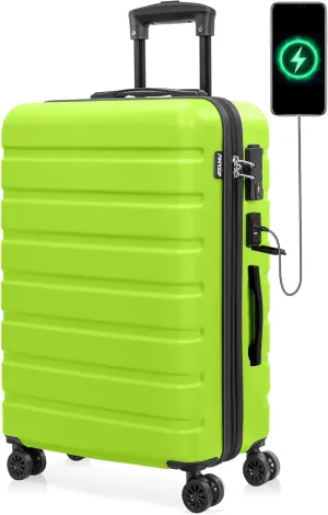 AnyZip Suitcase Hardside PC ABS Lightweight USB Luggage with Wheels TSA Lock Checked-Medium 24 Inch AppleGreen