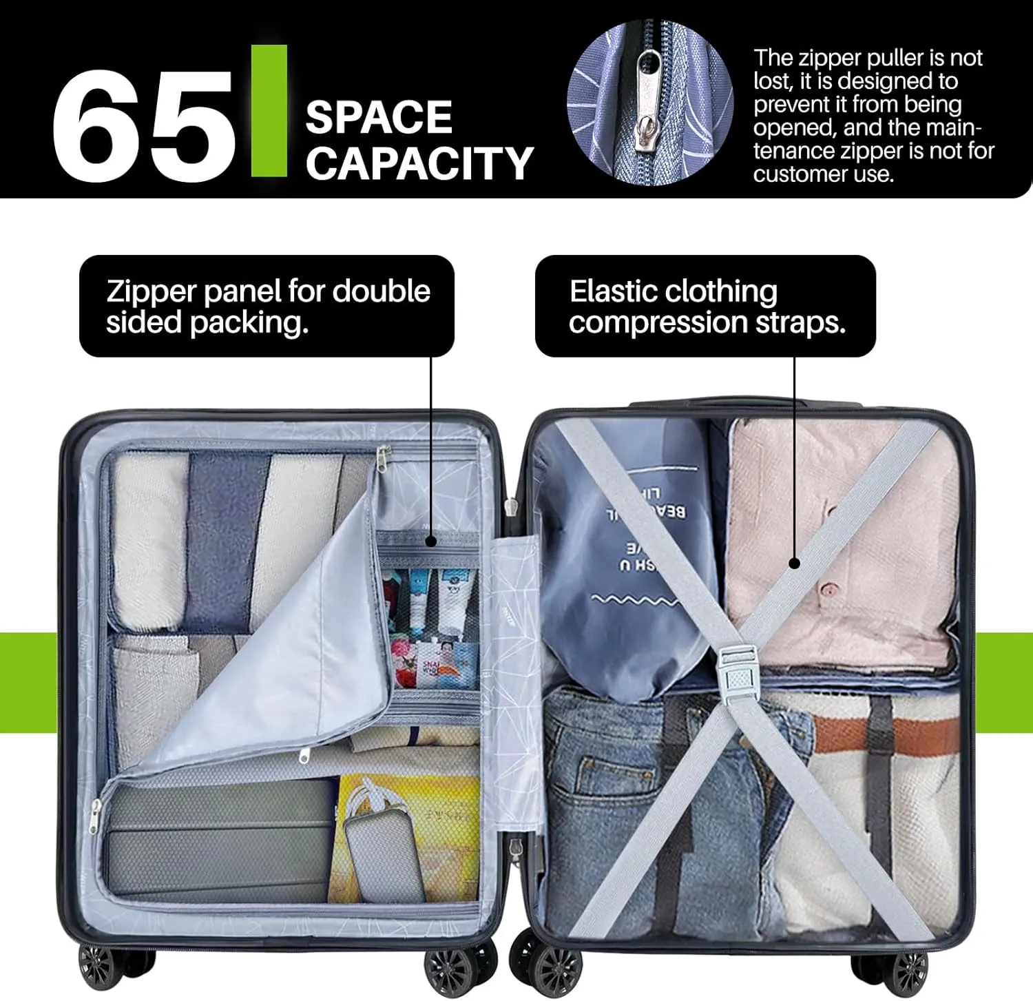 AnyZip Suitcase Hardside PC ABS Lightweight USB Luggage with Wheels TSA Lock Checked-Medium 24 Inch AppleGreen