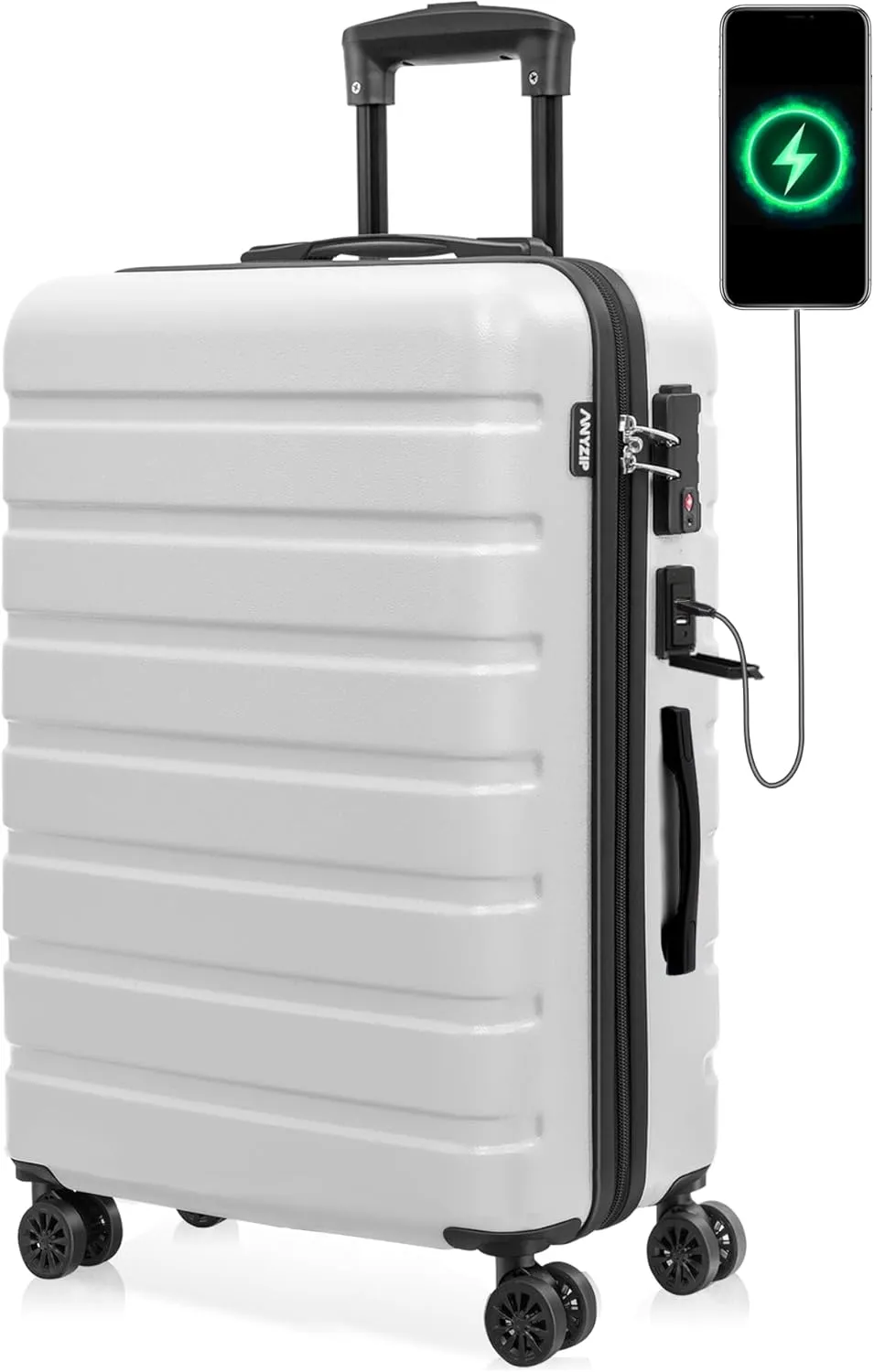 AnyZip Suitcase Hardside PC ABS Lightweight USB Luggage with Wheels TSA Lock Checked-Medium 24 Inch White