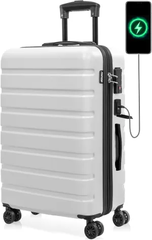 AnyZip Suitcase Hardside PC ABS Lightweight USB Luggage with Wheels TSA Lock Checked-Medium 24 Inch White
