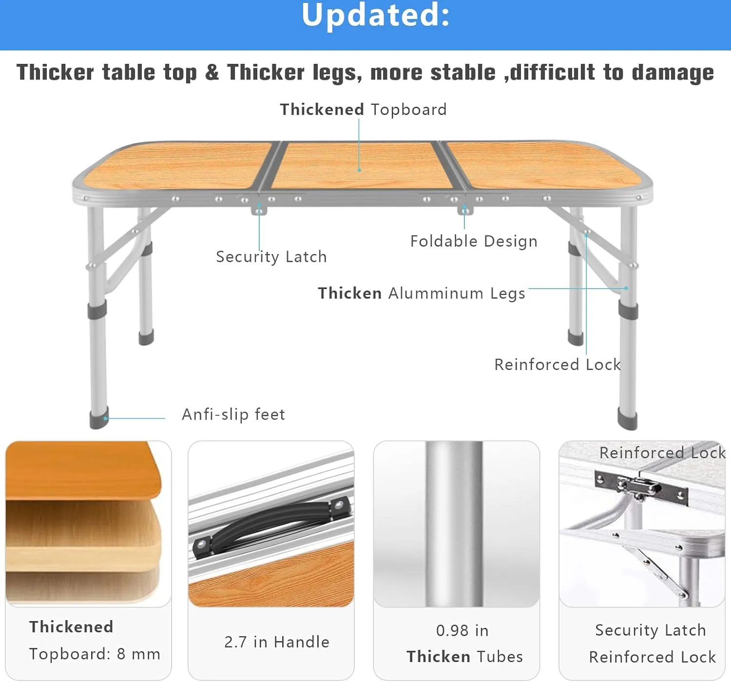 AO LI GEI Folding Camping Table Small with Storage Bag,Adjustable Height Portable Picnic Table,Upgraded Thickening Lightweight Outdoor Table Aluminum Legs (Brown:15.7"x35.4", 2 Height:9.8"/19.7")