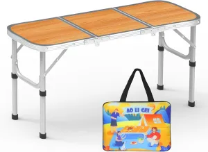AO LI GEI Folding Camping Table Small with Storage Bag,Adjustable Height Portable Picnic Table,Upgraded Thickening Lightweight Outdoor Table Aluminum Legs (Brown:15.7"x35.4", 2 Height:9.8"/19.7")