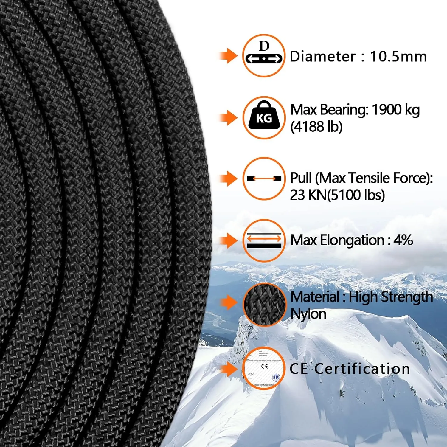 AOLEBA 10.5 mm Static Climbing Rope 10M(32ft) 20M(64ft) 30M(96ft) 50M(160ft) 70M(230ft) Outdoor Rock Climbing Rope, Escape Rope Ice Climbing Equipment Fire Rescue Parachute Rope