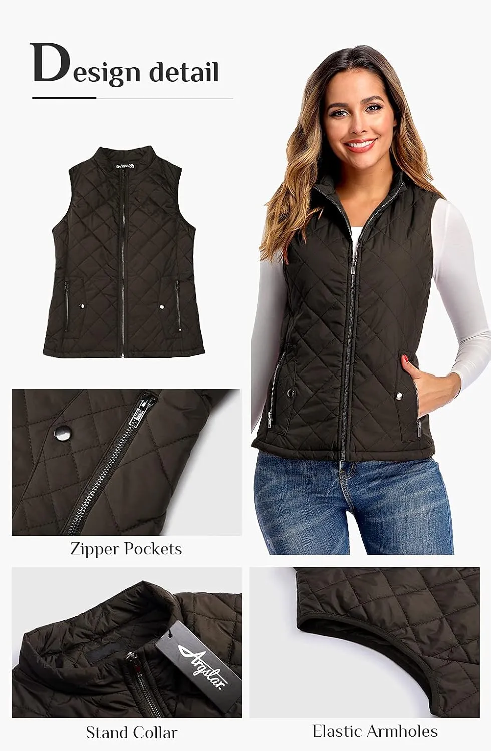 Argstar Women's Vest, Quilted Lightweight Zip Pockets Padded Gilet (XS-2XL)
