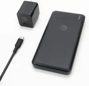 AT&T Power Essentials Complete Charging Solution Kit with 10000mAh Power Bank 20W USB-C Wall Charger and USB-C Cable Professional Fast Charging Bundle Black