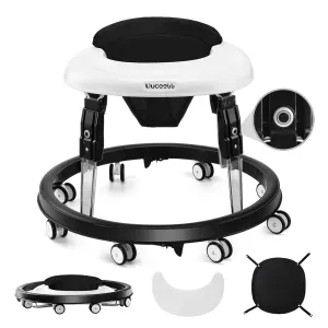 Baby Walker with Wheels, One-Touch Folding Anti-Roll 8-Wheel Baby Walkers, 7-Speed Height Adjustment with Large Dinner Plate and Brake 6-18 Months Baby Walker, Black