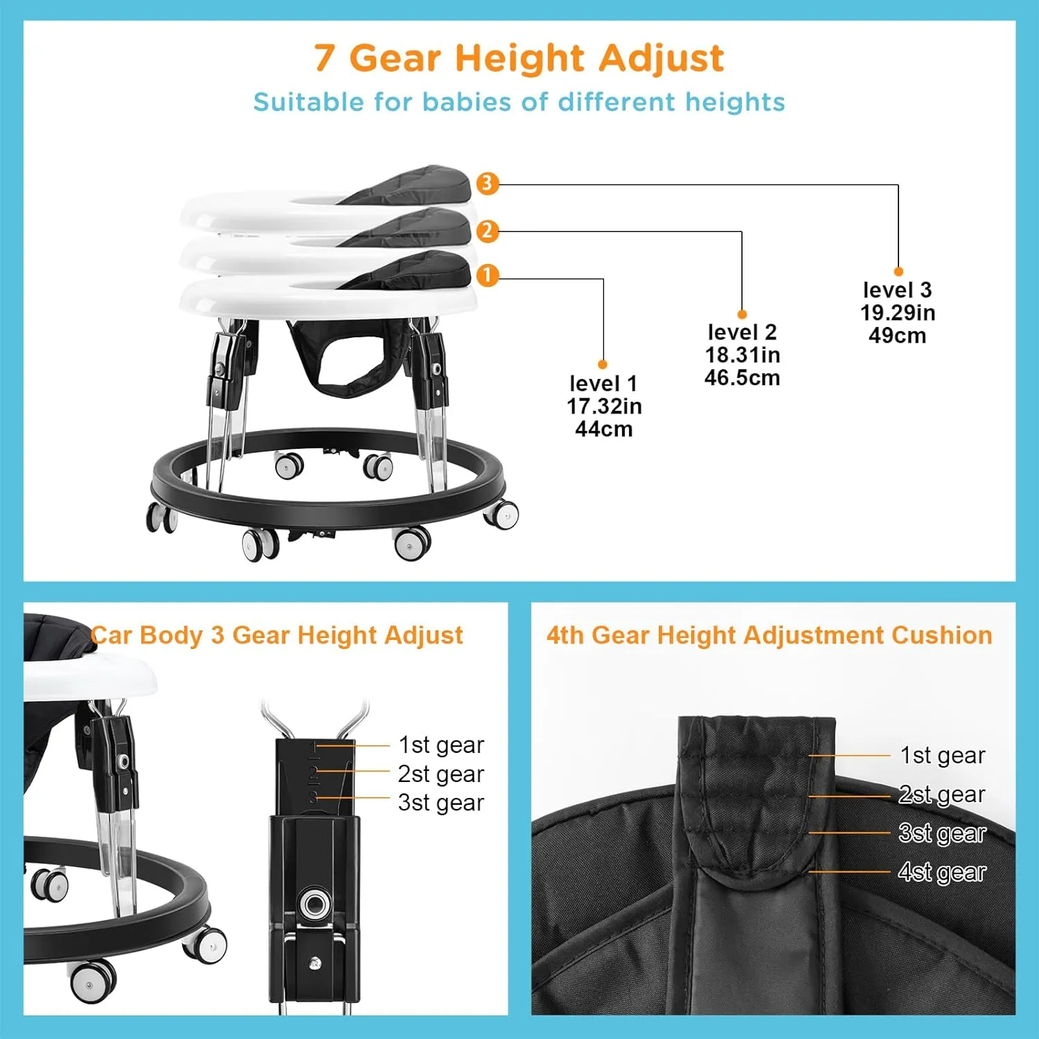 Baby Walker with Wheels, One-Touch Folding Anti-Roll 8-Wheel Baby Walkers, 7-Speed Height Adjustment with Large Dinner Plate and Brake 6-18 Months Baby Walker, Black