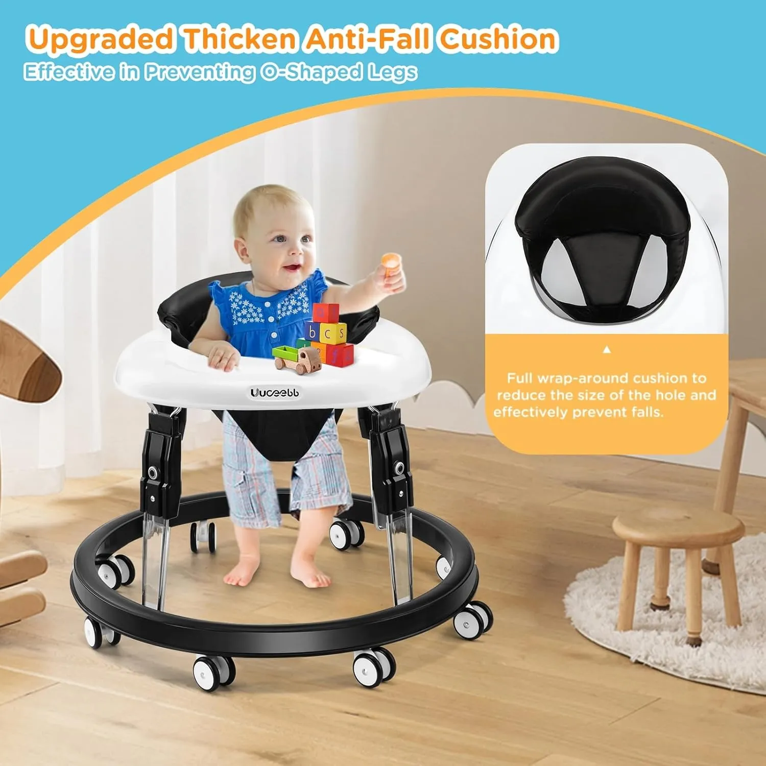 Baby Walker with Wheels, One-Touch Folding Anti-Roll 8-Wheel Baby Walkers, 7-Speed Height Adjustment with Large Dinner Plate and Brake 6-18 Months Baby Walker, Black