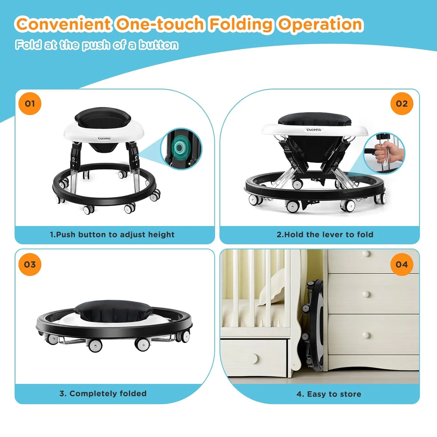 Baby Walker with Wheels, One-Touch Folding Anti-Roll 8-Wheel Baby Walkers, 7-Speed Height Adjustment with Large Dinner Plate and Brake 6-18 Months Baby Walker, Black