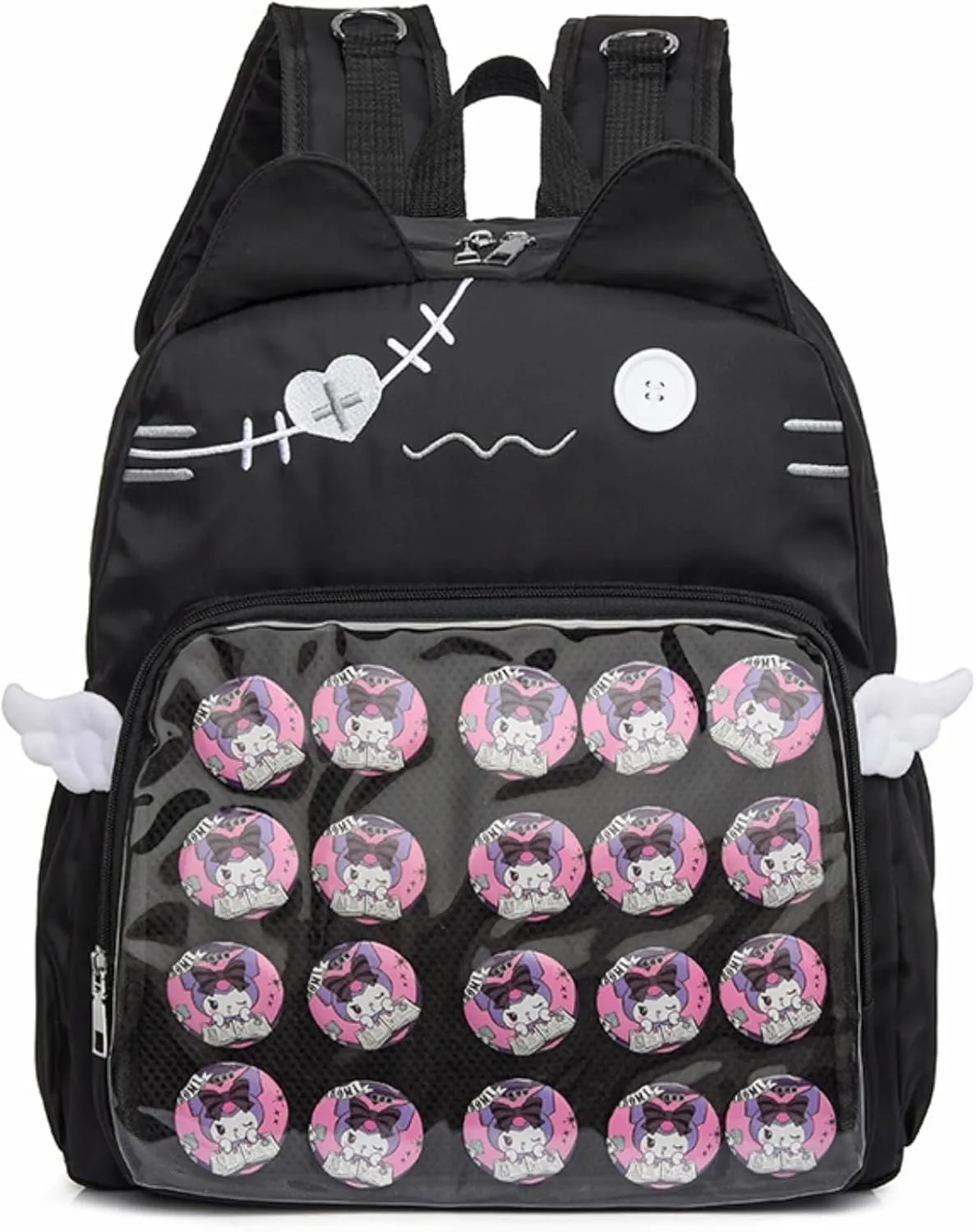 Backpack Ita Bag Pin Display Kawaii Cat-Ear Large Capacity with Insert for Weekende Cosplay (Black)