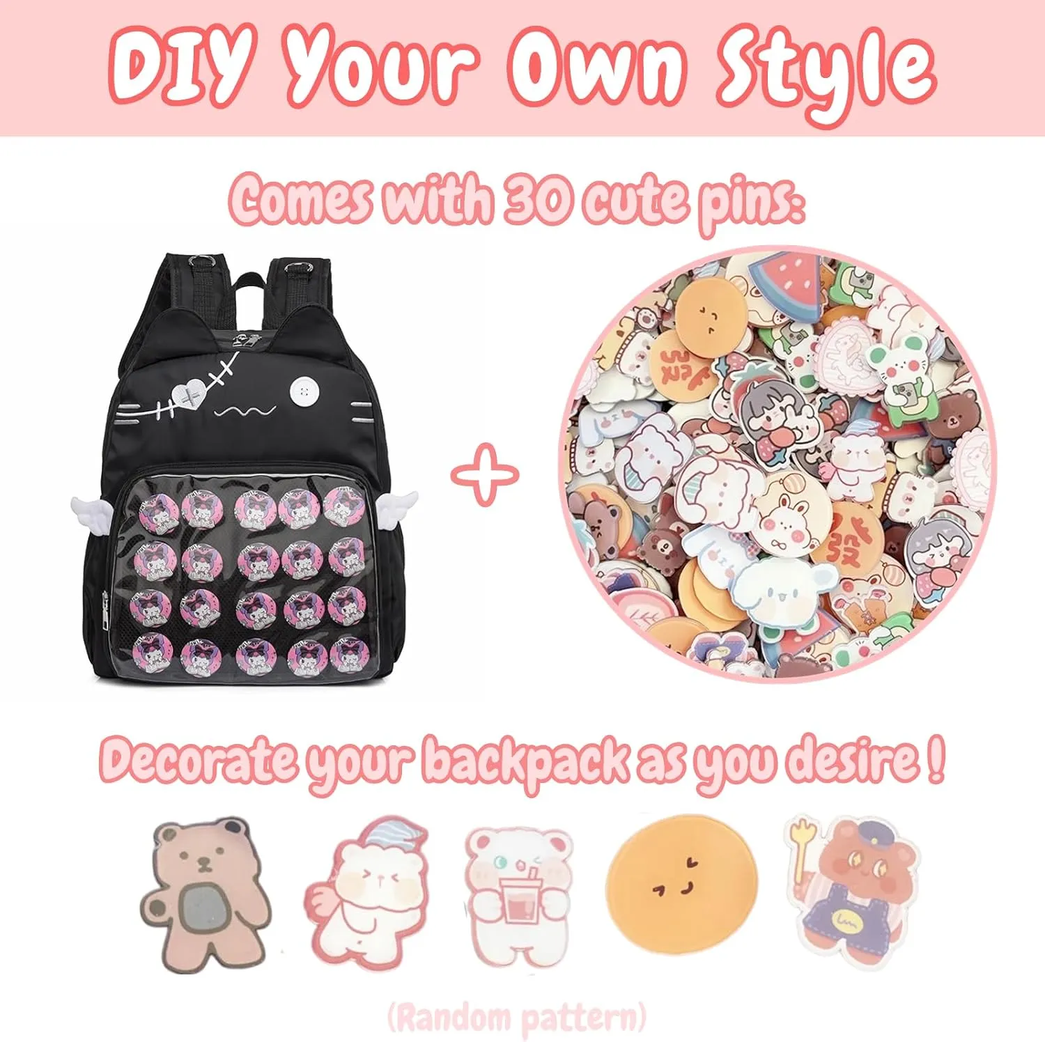 Backpack Ita Bag Pin Display Kawaii Cat-Ear Large Capacity with Insert for Weekende Cosplay (Black)