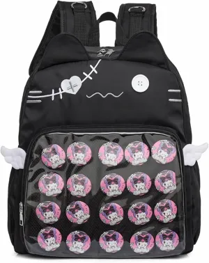 Backpack Ita Bag Pin Display Kawaii Cat-Ear Large Capacity with Insert for Weekende Cosplay (Black)