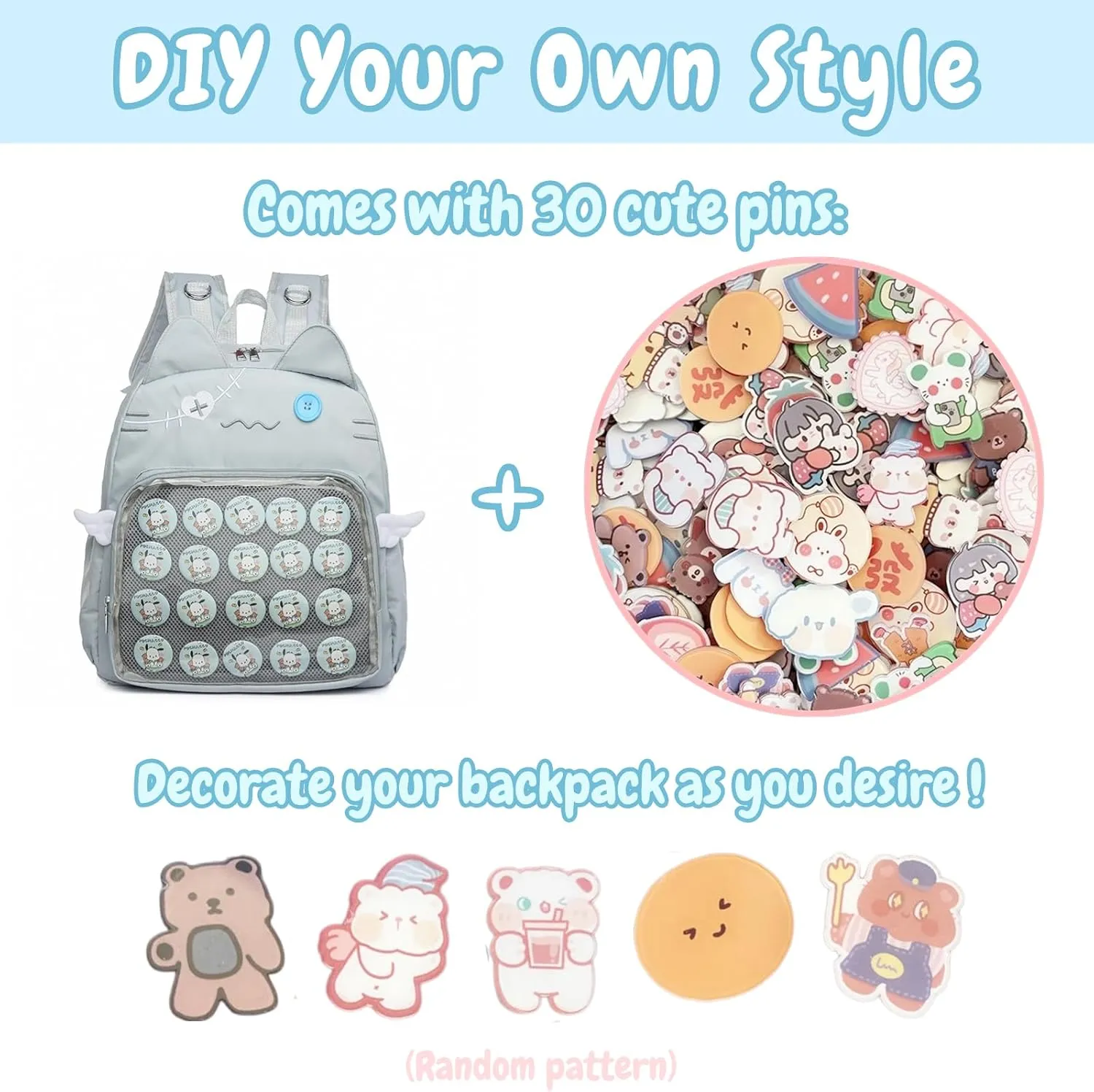 Backpack Ita Bag Pin Display Kawaii Cat-Ear Large Capacity with Insert for Weekende Cosplay (Blue)