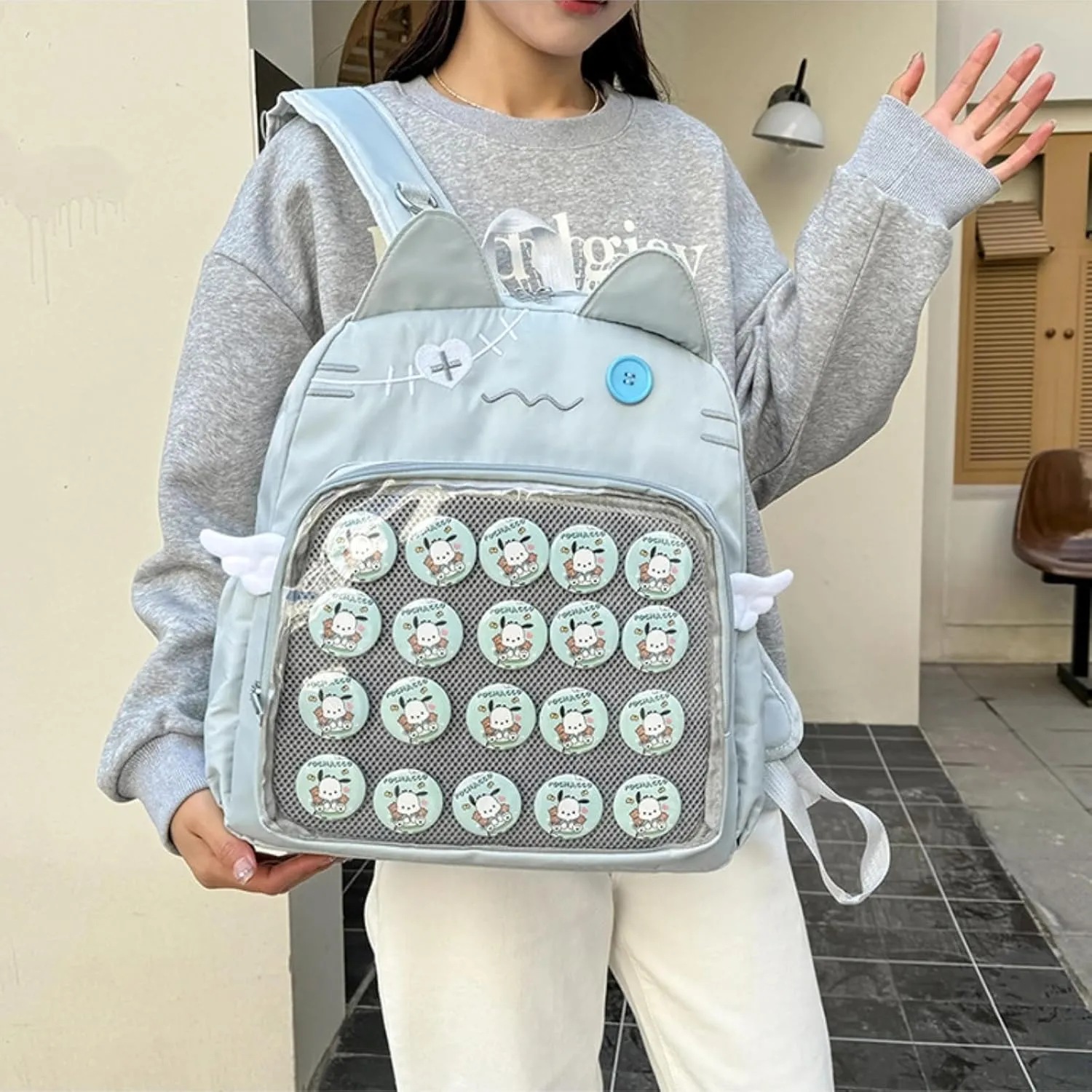 Backpack Ita Bag Pin Display Kawaii Cat-Ear Large Capacity with Insert for Weekende Cosplay (Blue)