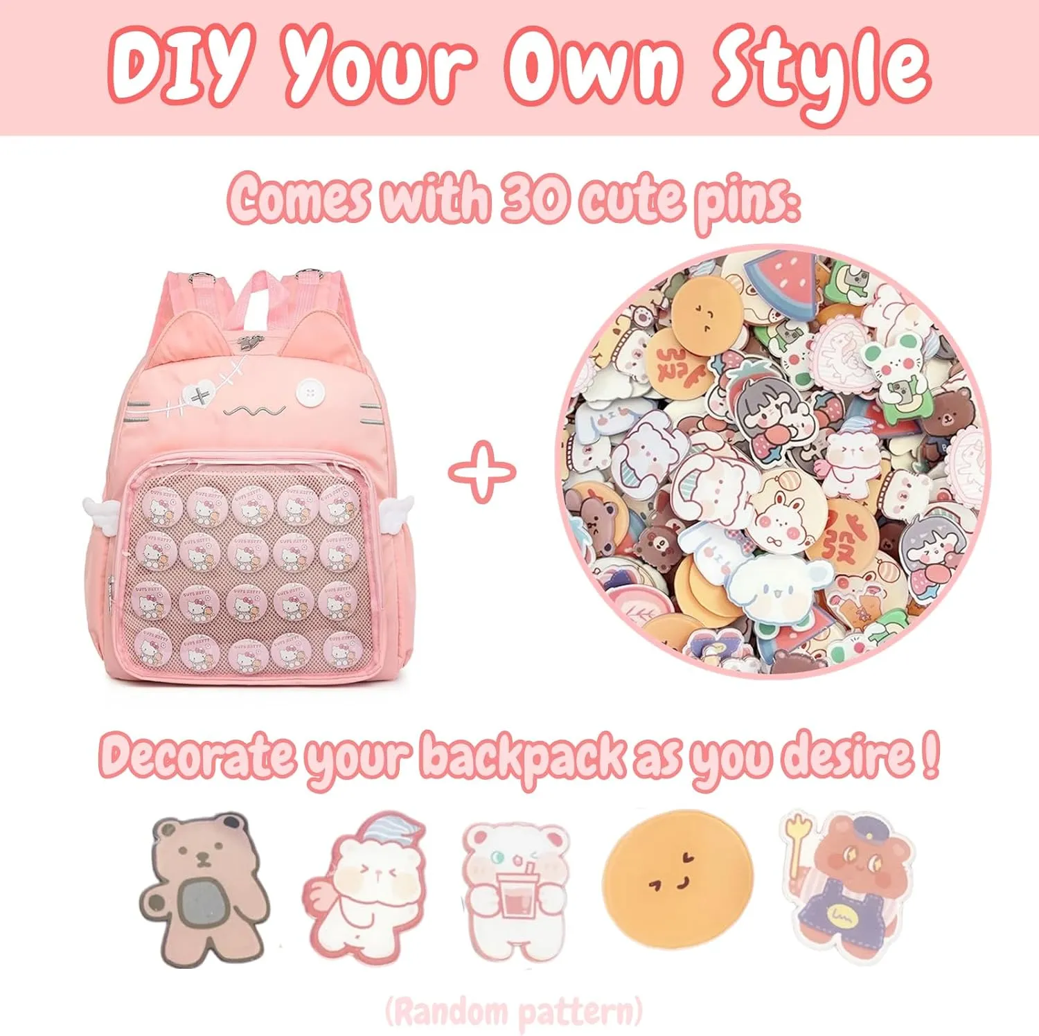 Backpack Ita Bag Pin Display Kawaii Cat-Ear Large Capacity with Insert for Weekende Cosplay (Pink)