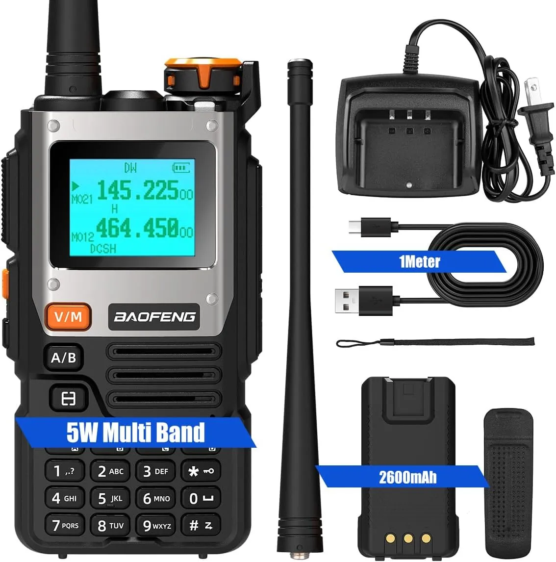 BAOFENG UV-K61 UV5R Upgrade Ham Radio Multi-Band Two Way Radio, 5W Long Range Rechargeable Handheld Walkie Talkies with Airband, NOAA Weather Receiving, 2600mAh Battery USB-C Port, 1 Pack