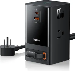 Baseus 6-in-1 65W Charging Station with Retractable USB-C Cable, Power Combo USB C Power Strip for Multiple Devices, Fast Charger for iPhone, MacBook, Samsung, PS5 for Home/Office/Dorm/Travel