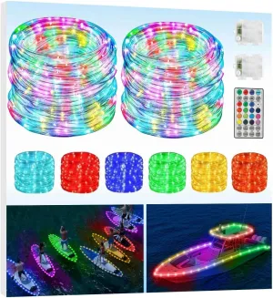Battery Powered Marine Boat Lights, 2 Pack Total 50FT IP68 Waterproof RGB Boat Parade Lights, 16 Colors Boat String Interior Light, Kayak Glow Light for SUP, Pontoon, Deck, RV, Golf Cart, Pool