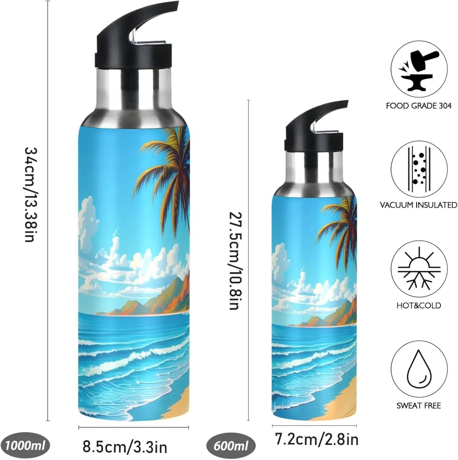 Beach Scenery Sports Water Bottle with Straw, 22oz BPA Free Stainless Steel Vacuum Insulated Bottle for Gym Fitness Outdoor