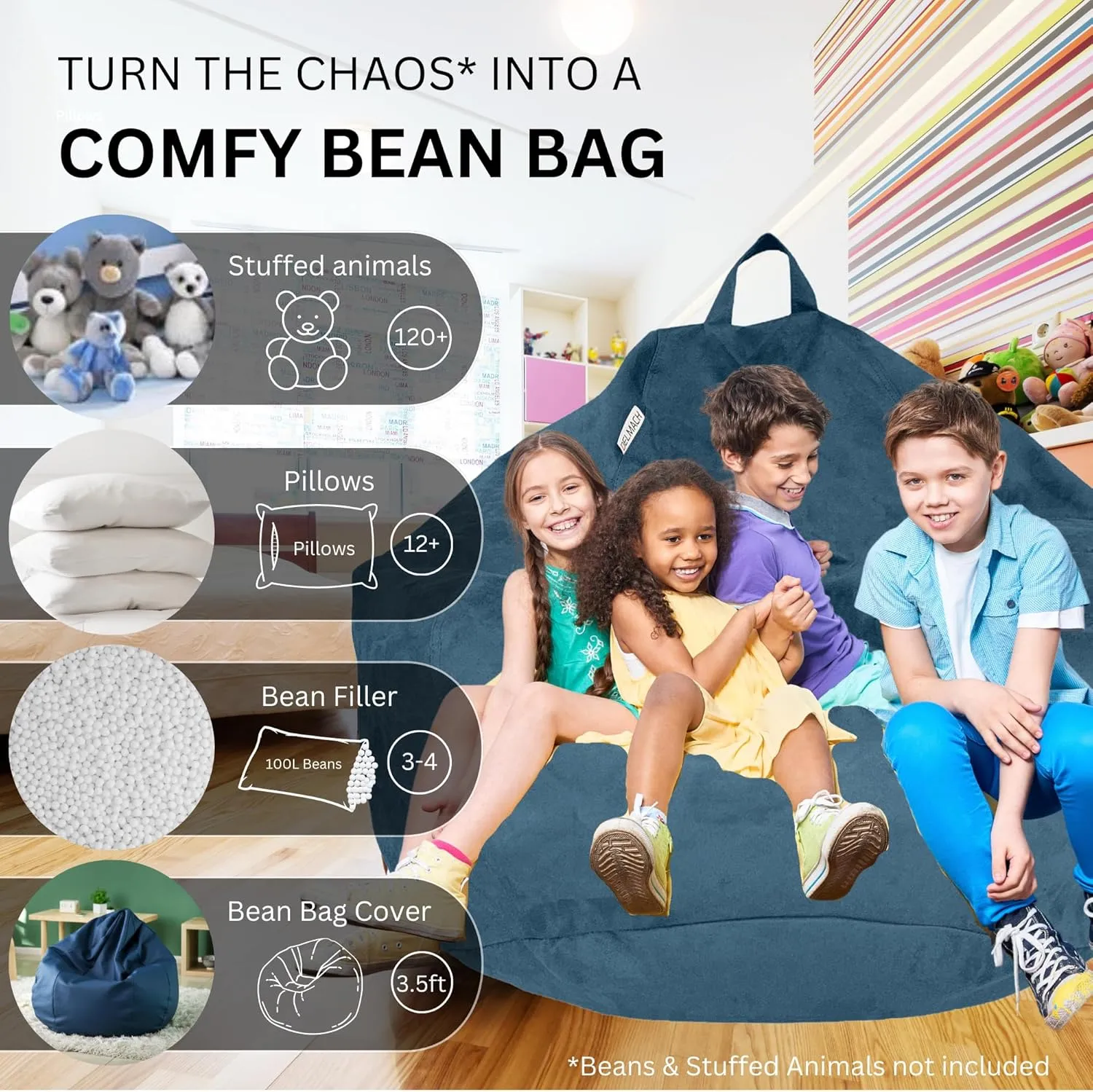 Bean Bag Chair Cover 3.5 ft (No Filler) | XL Stuffed Animal Storage | Double Stitched | Long Durable Zipper | Premium Microsuede