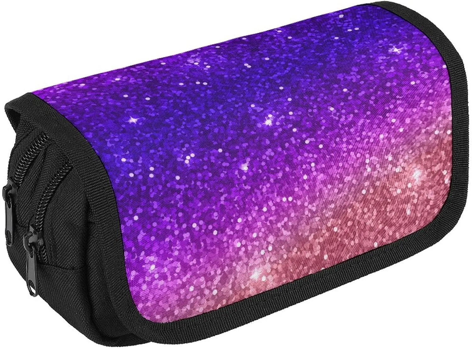 Beautiful Purple Bling Glitter Sparkles Pattern Double Layer Zippered Pencil Case for Large Capacity Office Stationery Bag