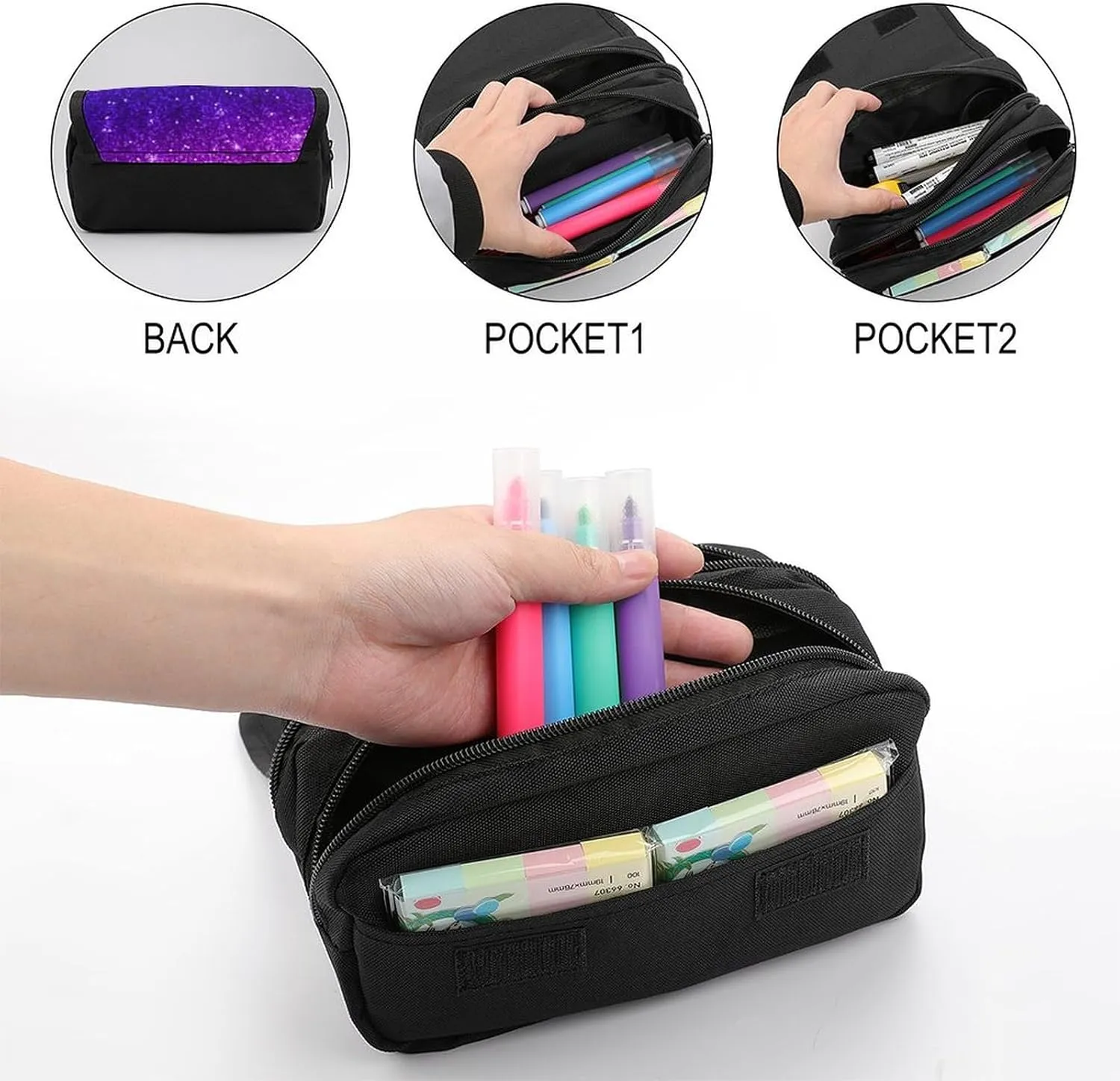 Beautiful Purple Bling Glitter Sparkles Pattern Double Layer Zippered Pencil Case for Large Capacity Office Stationery Bag