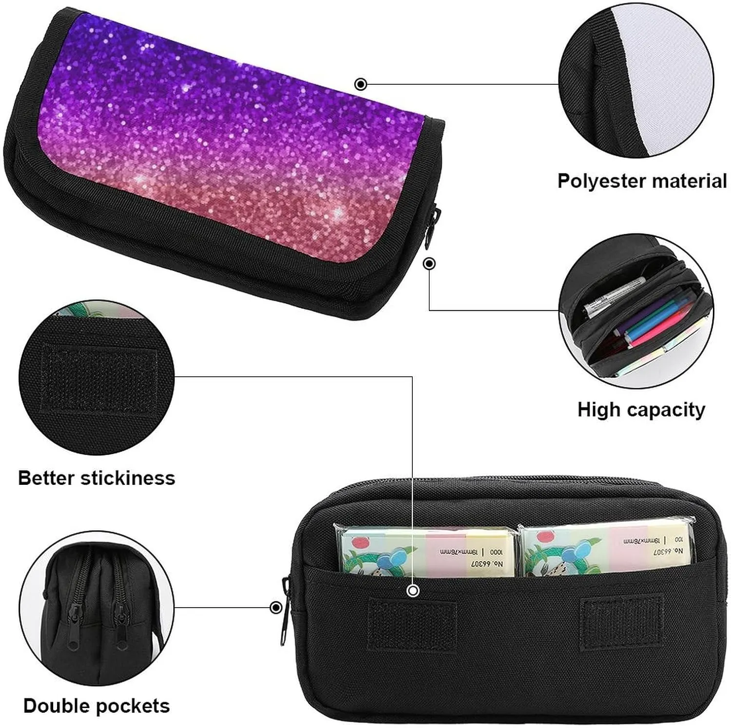 Beautiful Purple Bling Glitter Sparkles Pattern Double Layer Zippered Pencil Case for Large Capacity Office Stationery Bag