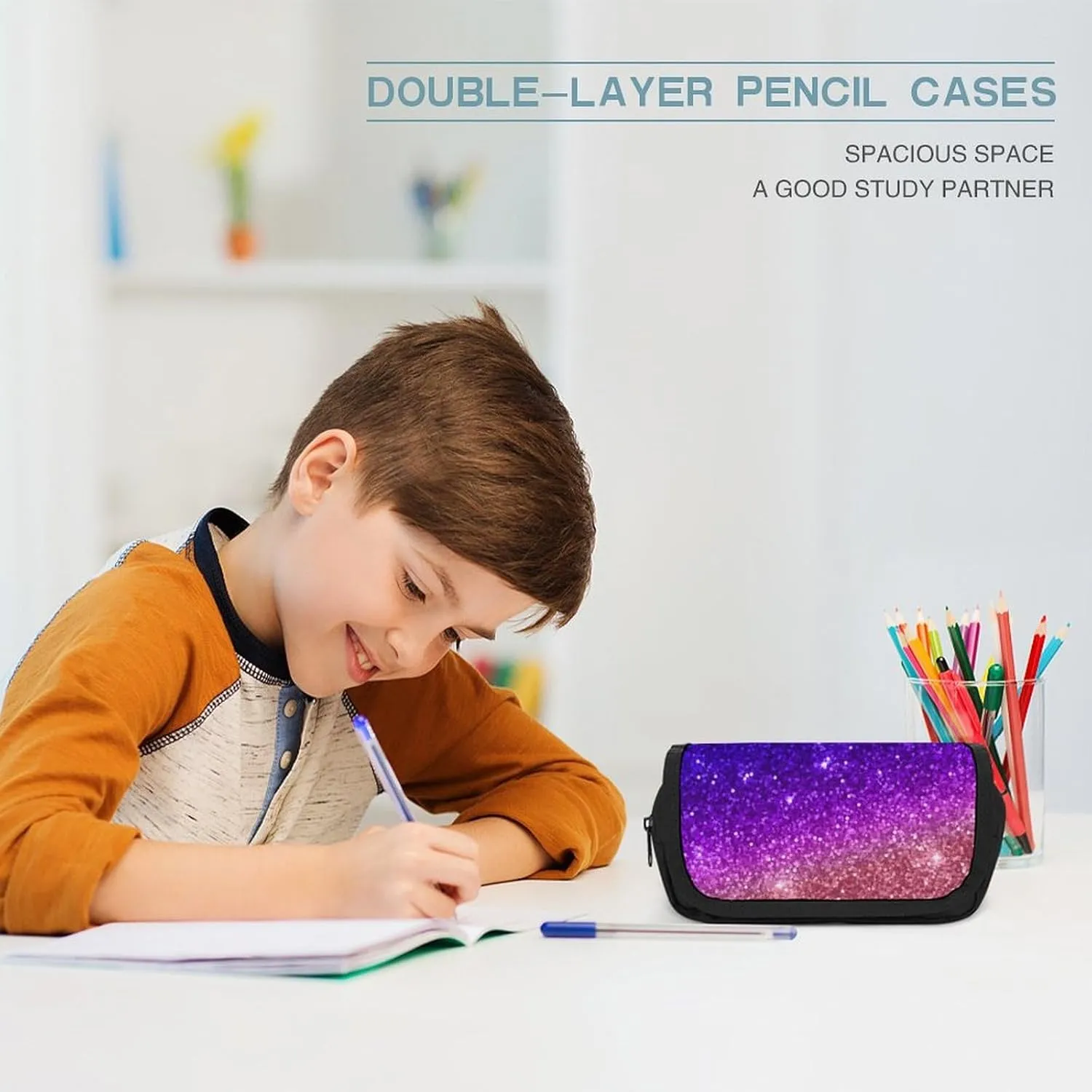 Beautiful Purple Bling Glitter Sparkles Pattern Double Layer Zippered Pencil Case for Large Capacity Office Stationery Bag