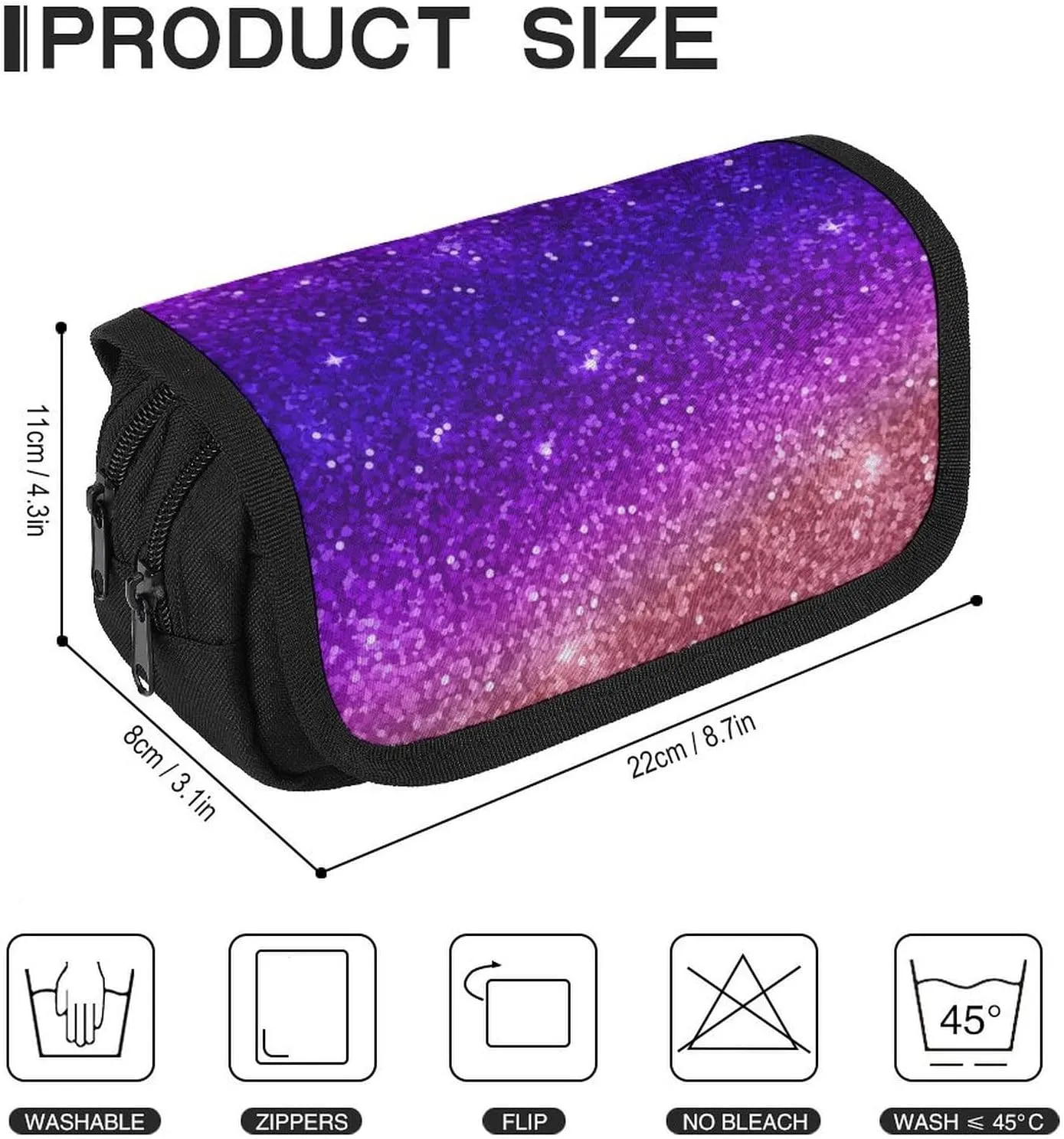 Beautiful Purple Bling Glitter Sparkles Pattern Double Layer Zippered Pencil Case for Large Capacity Office Stationery Bag