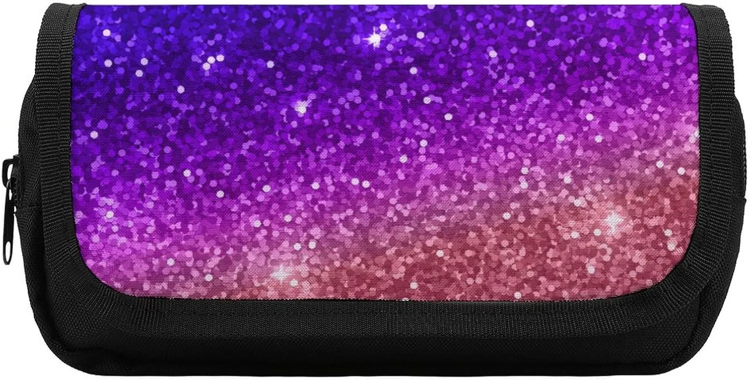Beautiful Purple Bling Glitter Sparkles Pattern Double Layer Zippered Pencil Case for Large Capacity Office Stationery Bag