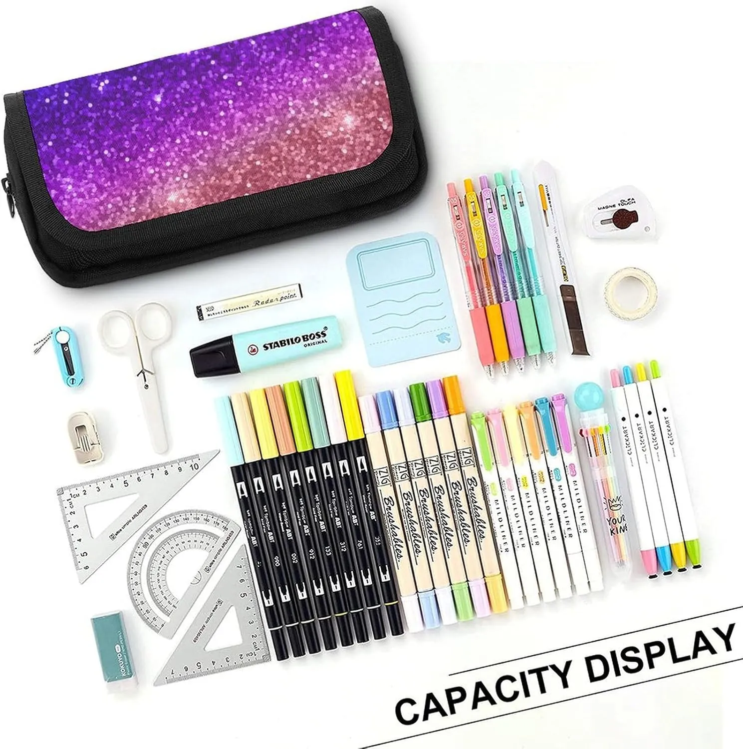 Beautiful Purple Bling Glitter Sparkles Pattern Double Layer Zippered Pencil Case for Large Capacity Office Stationery Bag