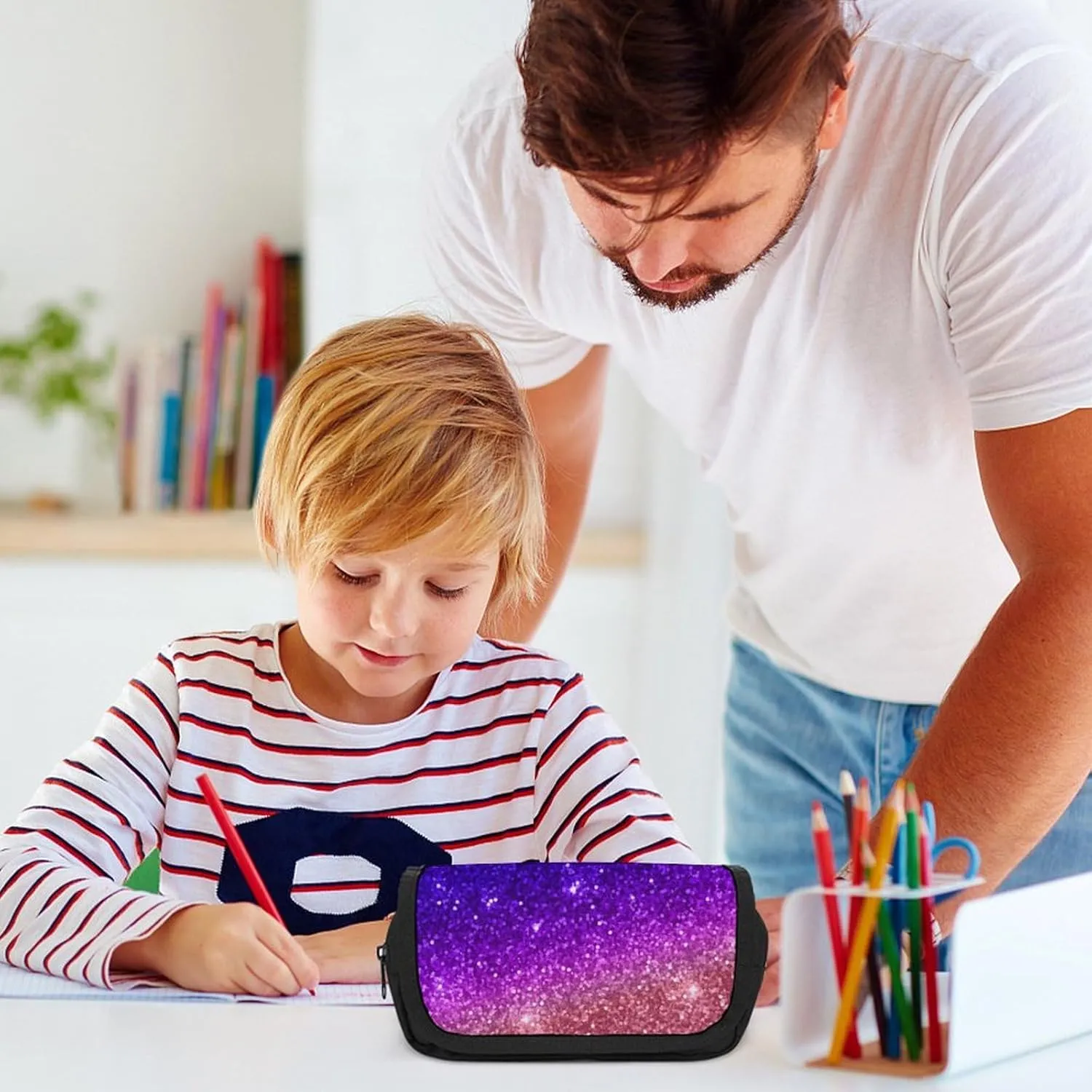 Beautiful Purple Bling Glitter Sparkles Pattern Double Layer Zippered Pencil Case for Large Capacity Office Stationery Bag