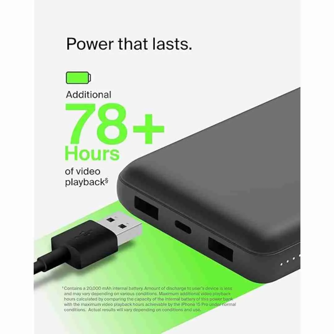 Belkin 20000 MAH Lightweight Slimmest Power Bank with 1 Type C PD and 2 USB A Port Black