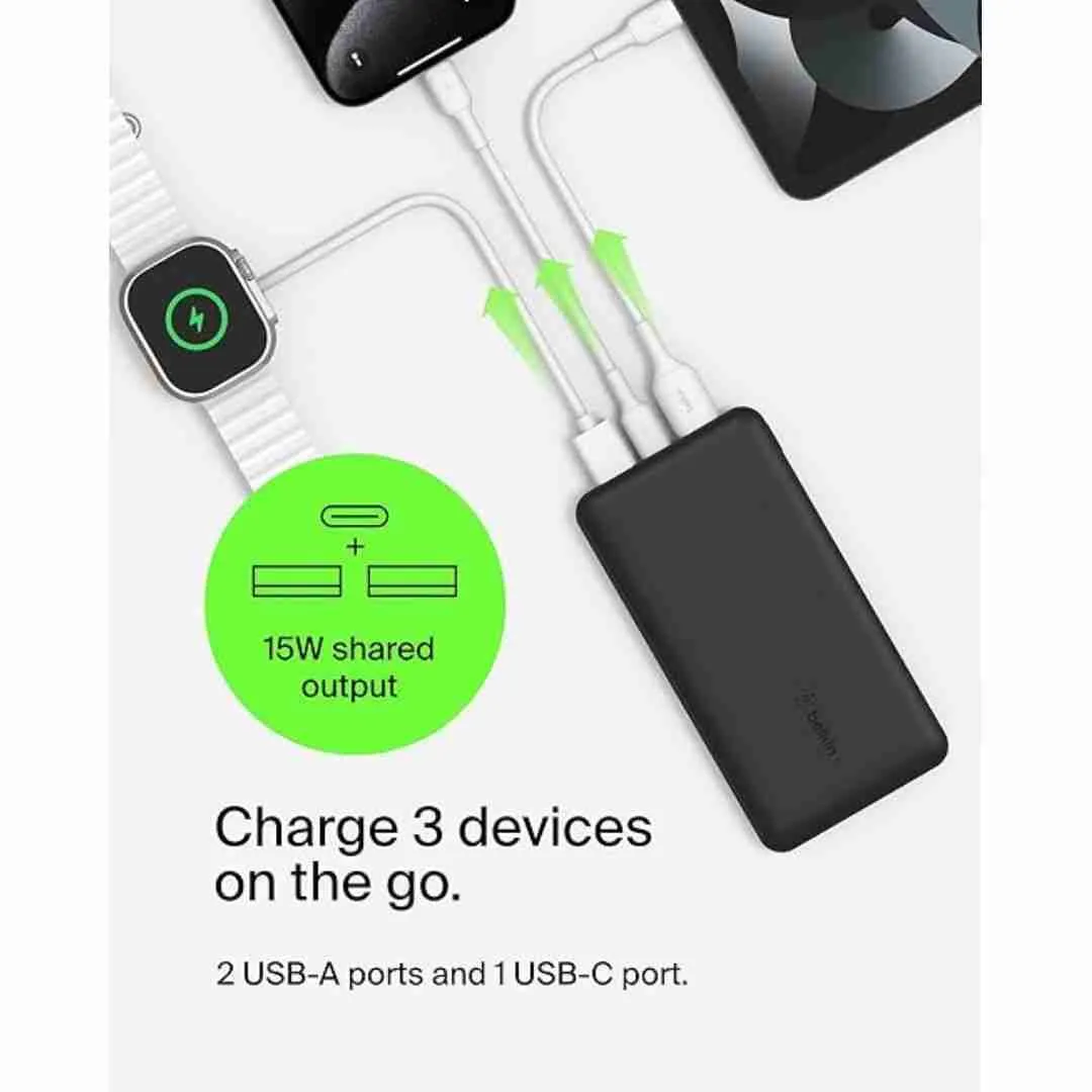 Belkin 20000 MAH Lightweight Slimmest Power Bank with 1 Type C PD and 2 USB A Port Black