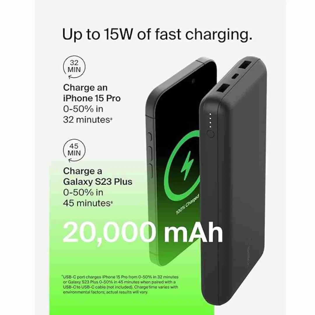 Belkin 20000 MAH Lightweight Slimmest Power Bank with 1 Type C PD and 2 USB A Port Black