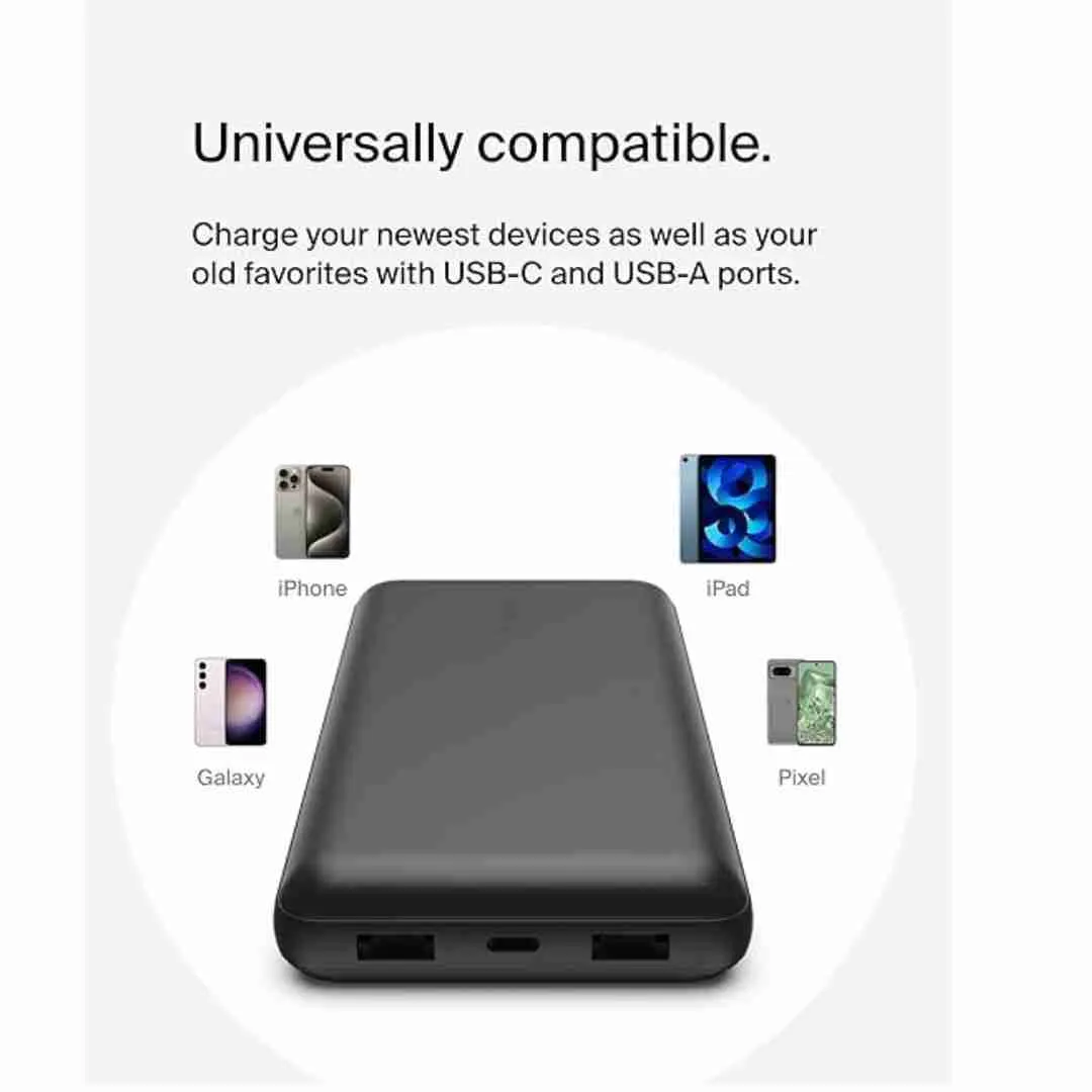 Belkin 20000 MAH Lightweight Slimmest Power Bank with 1 Type C PD and 2 USB A Port Black
