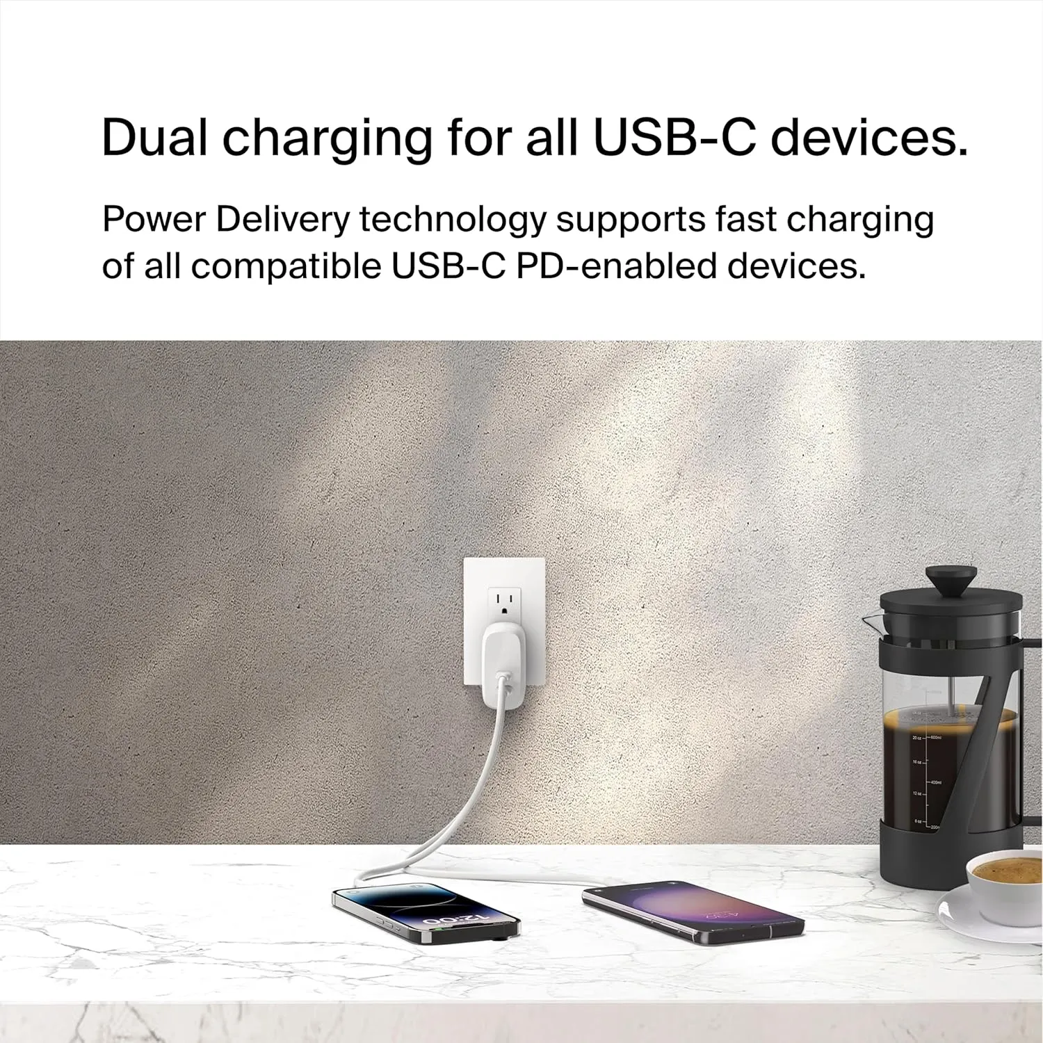 Belkin BoostCharge Dual USB-C Wall Charger with PPS 60W for Apple iPhone 16, iPad, Samsung Galaxy S25, Google Pixel, Nintendo Switch 2 - Compatible w/C to Lightning & C to C Cables - White