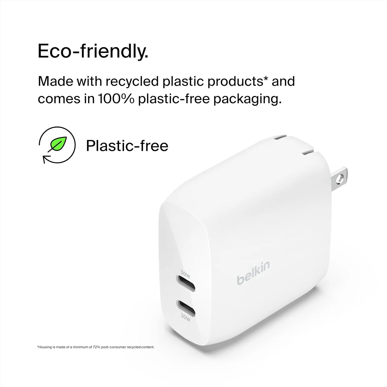 Belkin BoostCharge Dual USB-C Wall Charger with PPS 60W for Apple iPhone 16, iPad, Samsung Galaxy S25, Google Pixel, Nintendo Switch 2 - Compatible w/C to Lightning & C to C Cables - White