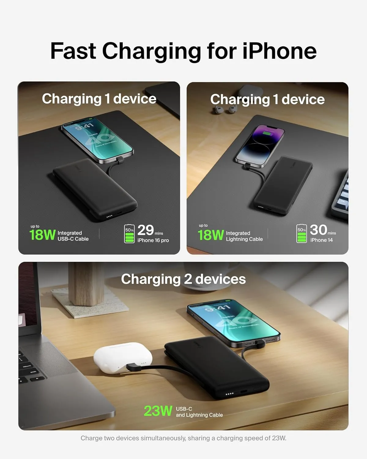 Belkin Portable Charger, Power Bank 10,000mAh, 23W w/Integrated Lightning Cable & USB-C Cable - iPhone Charger Battery Pack for Apple iPhone 16, 15, 14, Galaxy S25, Pixel 9, Travel Essentials - Black